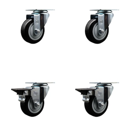 Service Caster 3.5'' Black Poly Wheel Swivel Top Plate Caster Set with 2 Posi Brakes, 4PK SCC-20S3514-PPUB-BLK-2-PLB-2